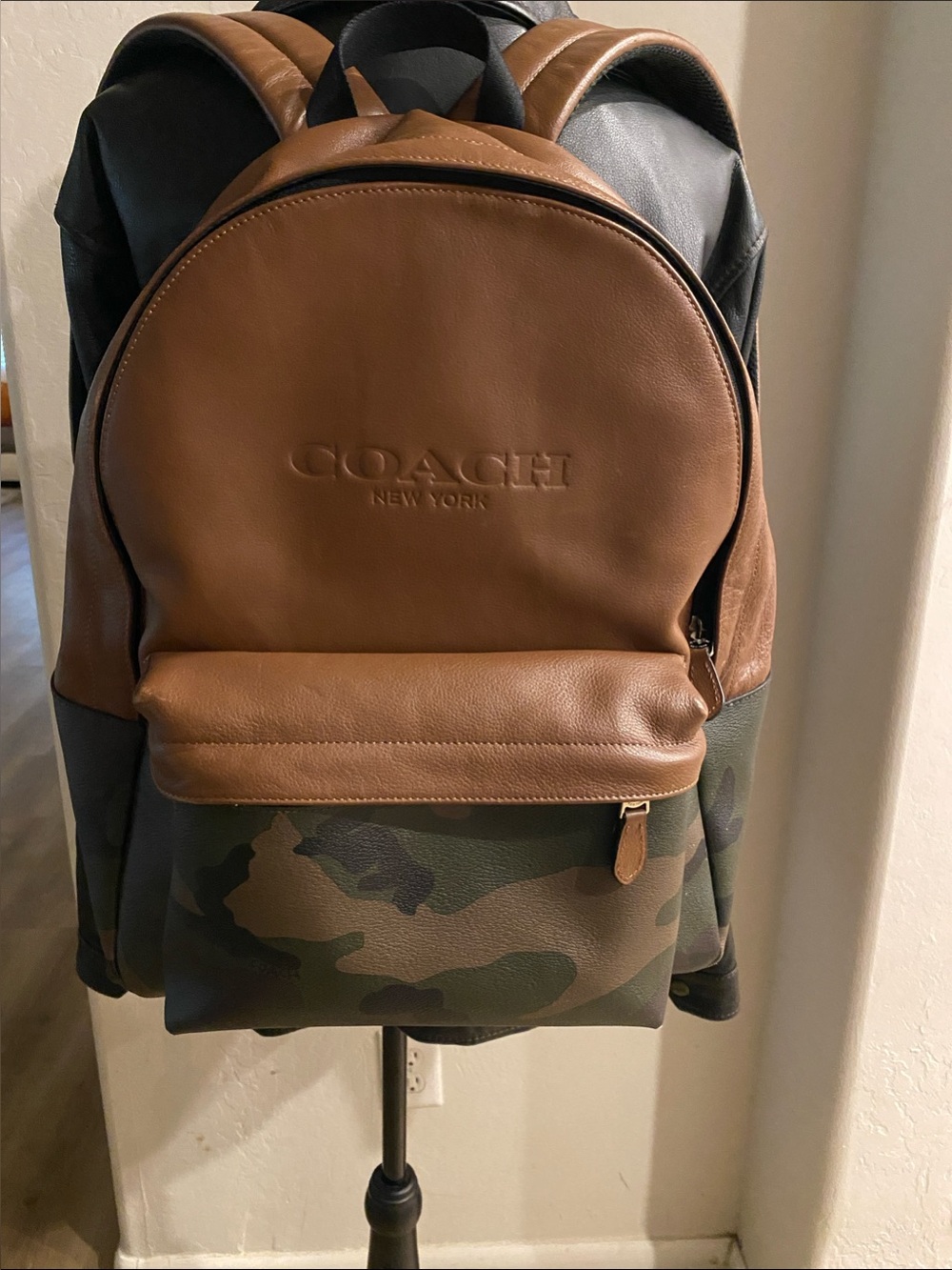 Coach Men’s Brown Leather & Green Camo Backpack